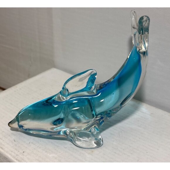 Hand Blown Glass Dolphin Figurine Paperweight Blue & Clear 6" Beach Nautical - Picture 2 of 7